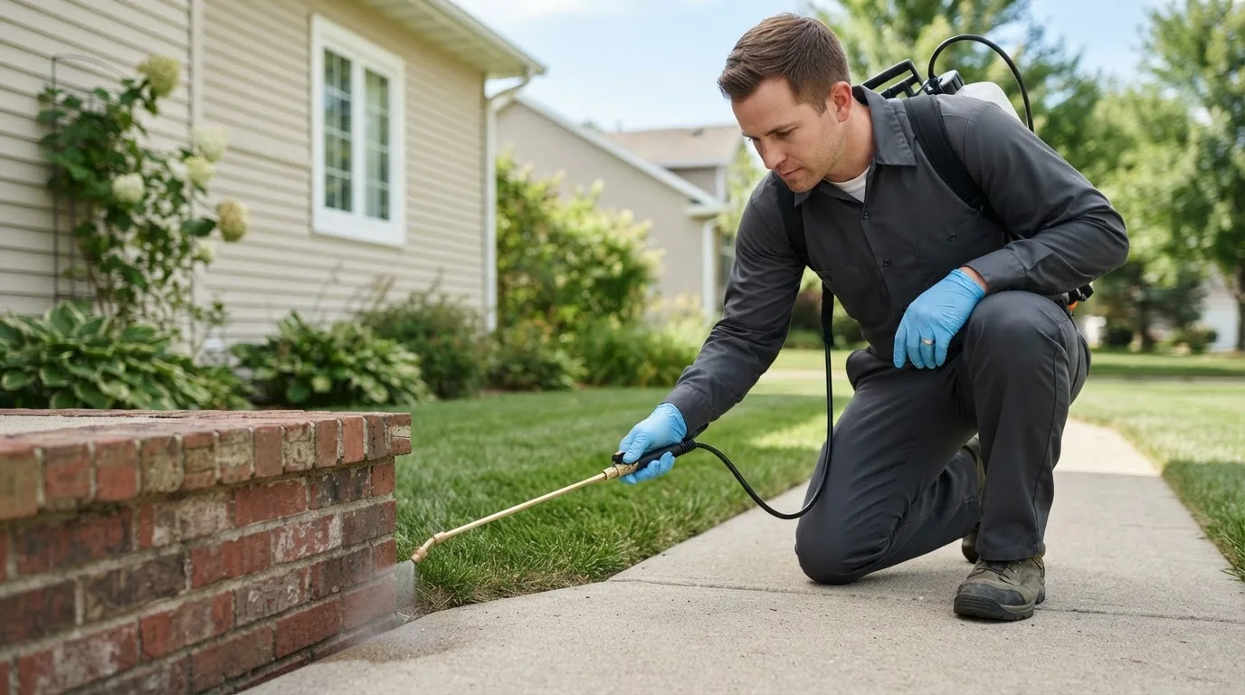 Pest control technician treating a home near Centerport, NY