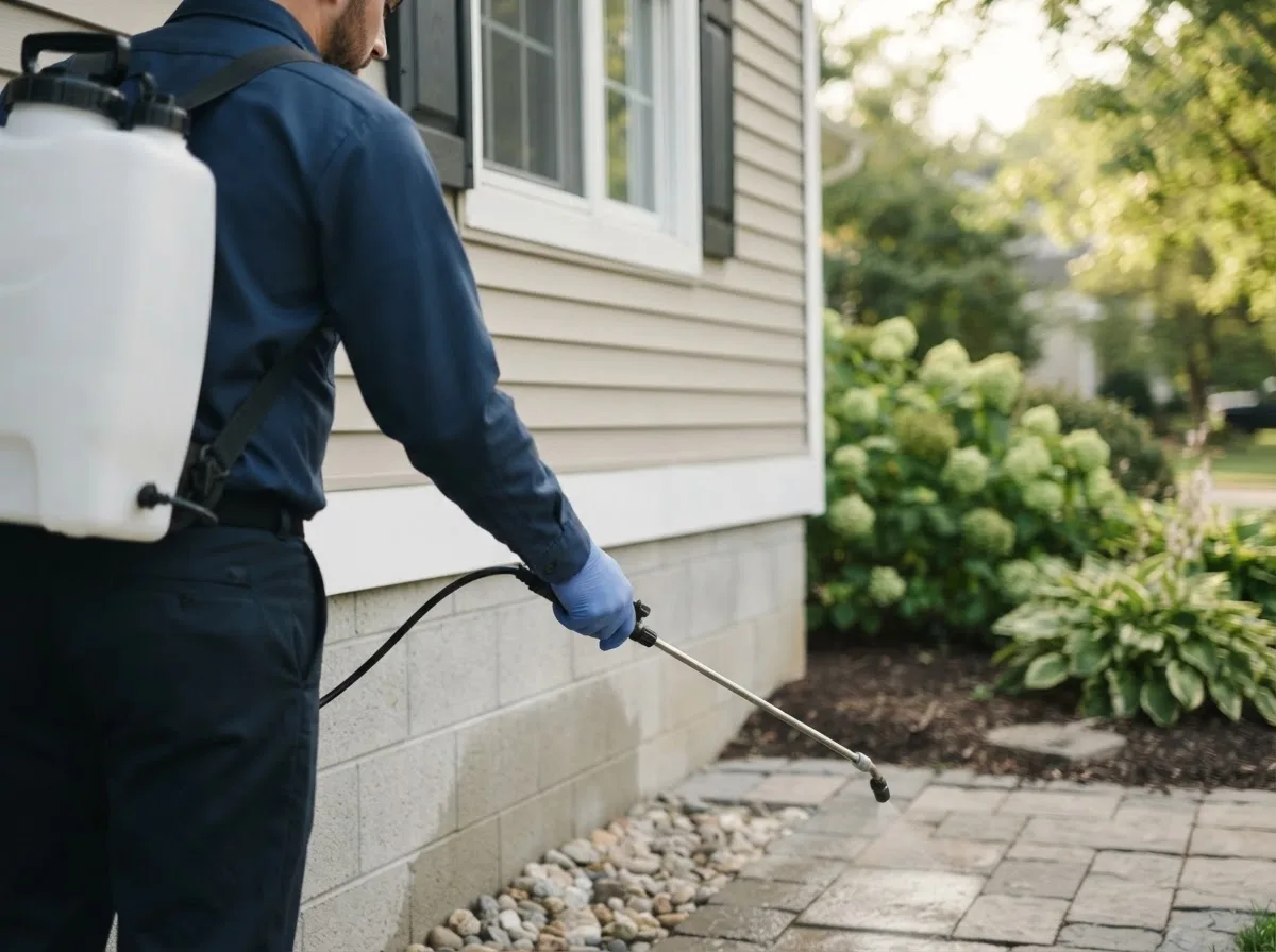 Pest control technician inspecting a home in Centerport, NY